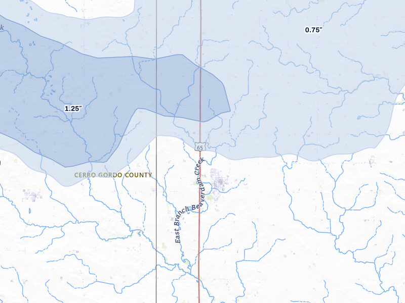NEXRAD radar-signature map of the hail storm over Rockwell, IA on Jul 8, 2026