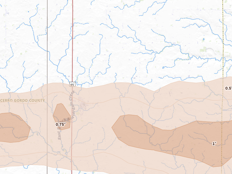 Radar-estimated hail-size map of the storm over Rockwell, IA on Aug 7, 2026