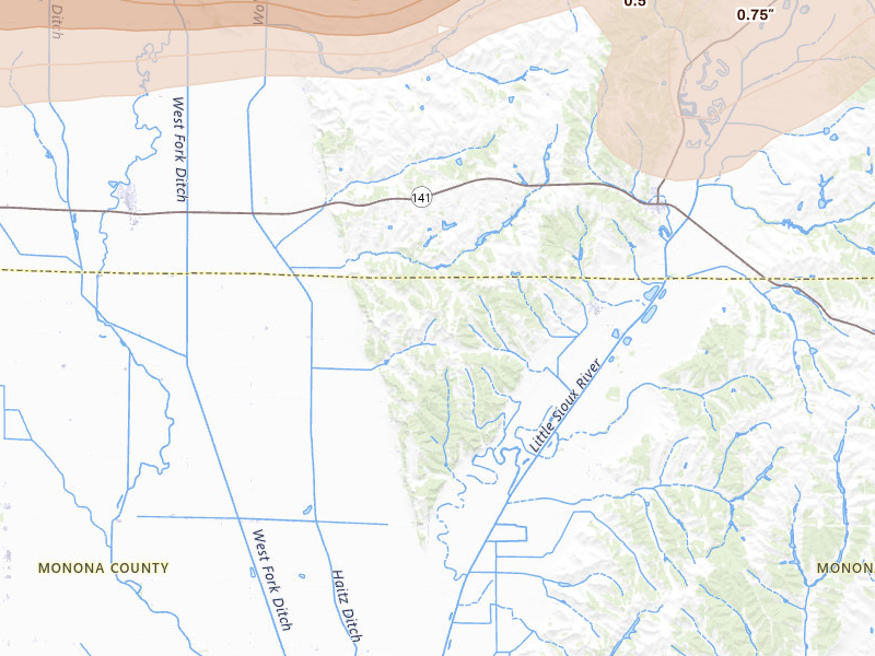 Radar-estimated hail-size map of the storm over Rodney, IA on May 15, 2026