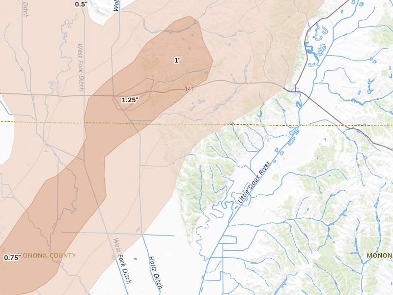 Radar-estimated hail-size map of the storm over Rodney, IA on May 18, 2026