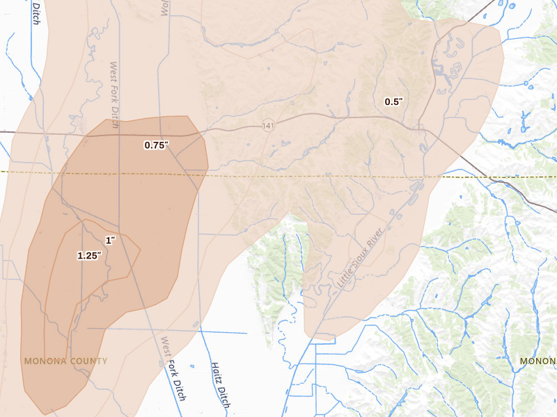 Radar-estimated hail-size map of the storm over Rodney, IA on Jun 30, 2026