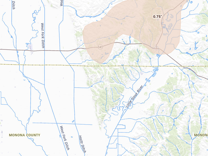 Radar-estimated hail-size map of the storm over Rodney, IA on Jul 2, 2026