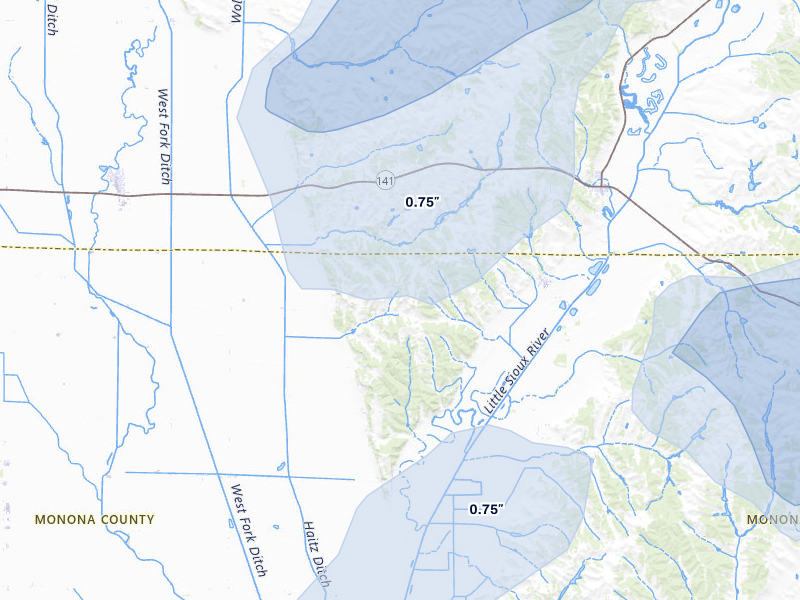 NEXRAD radar-signature map of the hail storm over Rodney, IA on Jul 2, 2026