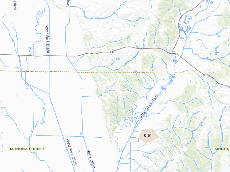 Radar-estimated hail-size map of the storm over Rodney, IA on Jul 4, 2026