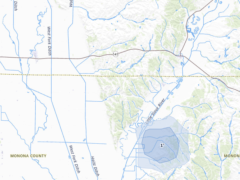NEXRAD radar-signature map of the hail storm over Rodney, IA on Jul 4, 2026