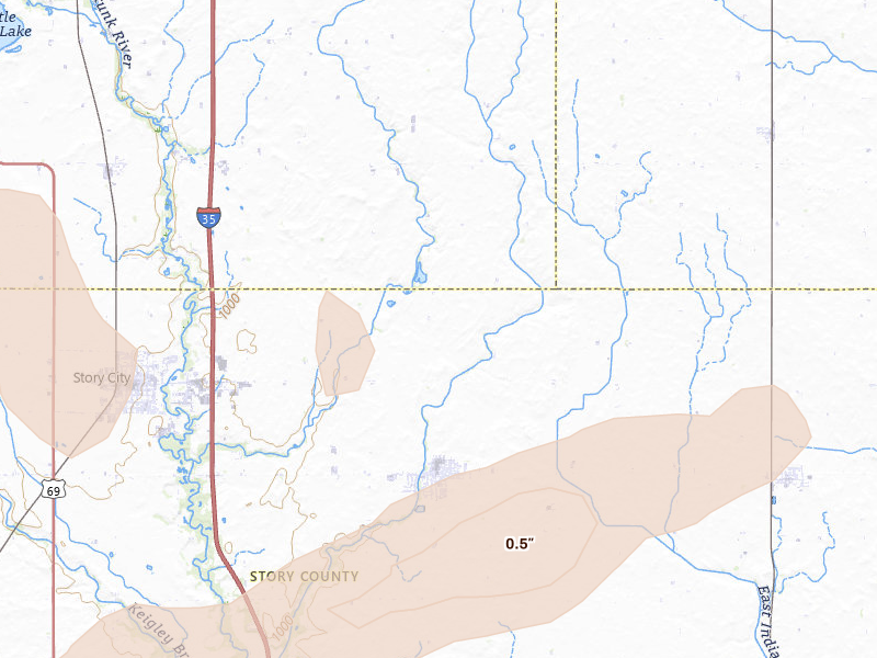 Radar-estimated hail-size map of the storm over Roland, IA on Apr 15, 2026