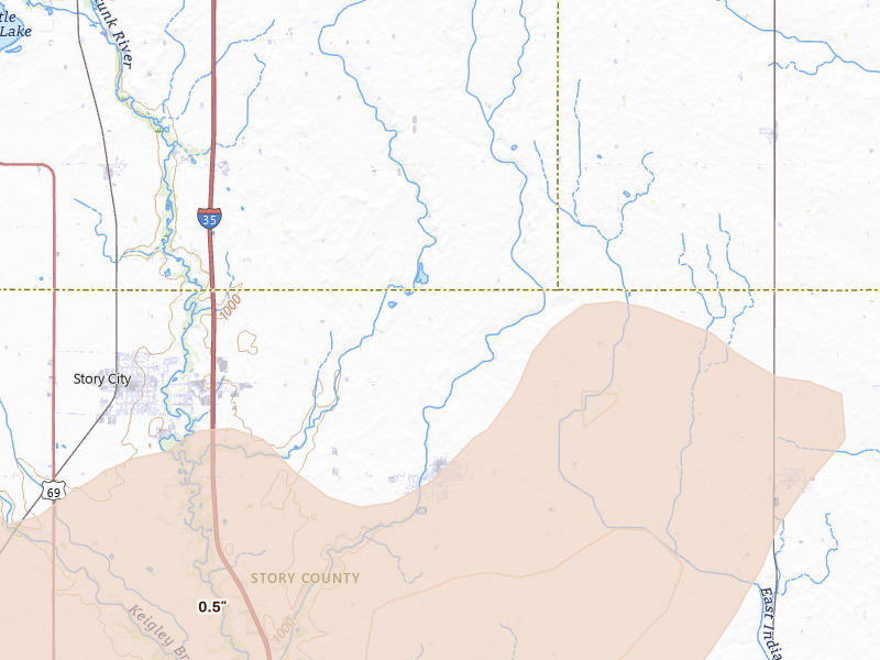 Radar-estimated hail-size map of the storm over Roland, IA on Jun 10, 2026