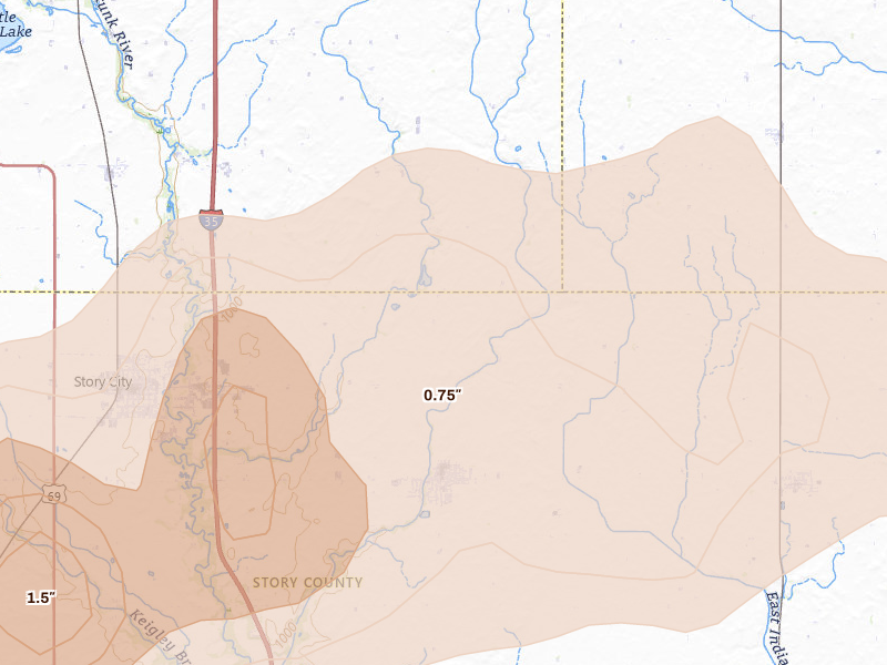 Radar-estimated hail-size map of the storm over Roland, IA on Jun 28, 2026