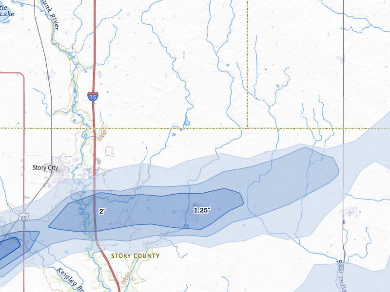 NEXRAD radar-signature map of the hail storm over Roland, IA on Jun 28, 2026