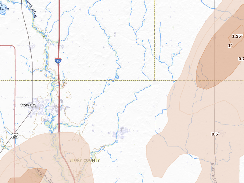 Radar-estimated hail-size map of the storm over Roland, IA on Jul 2, 2026