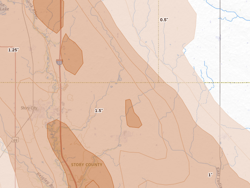 Radar-estimated hail-size map of the storm over Roland, IA on Jul 20, 2026
