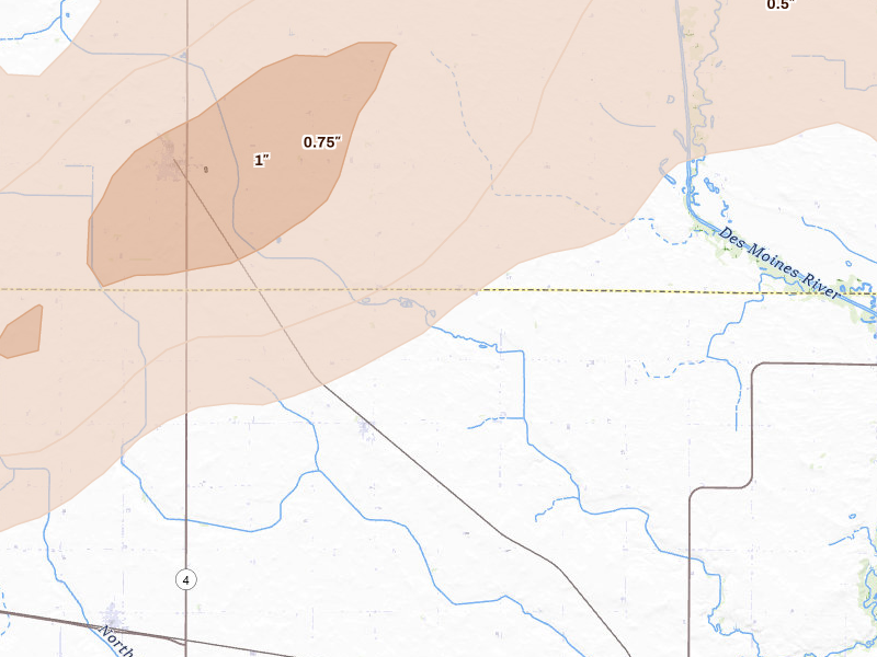 Radar-estimated hail-size map of the storm over Rolfe, IA on Jun 28, 2026