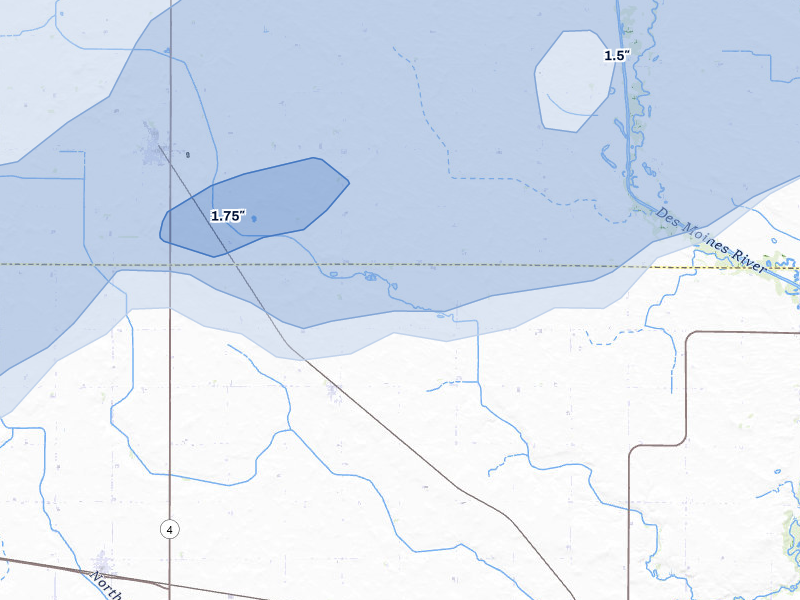 NEXRAD radar-signature map of the hail storm over Rolfe, IA on Jun 28, 2026