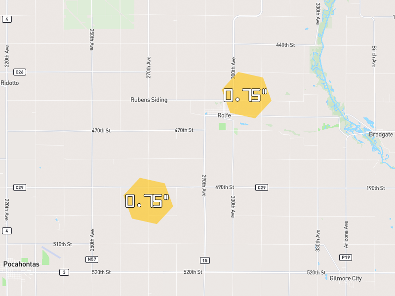 Hail map of Rolfe, IA on Jul 3, 2026, hail up to 0.75"
