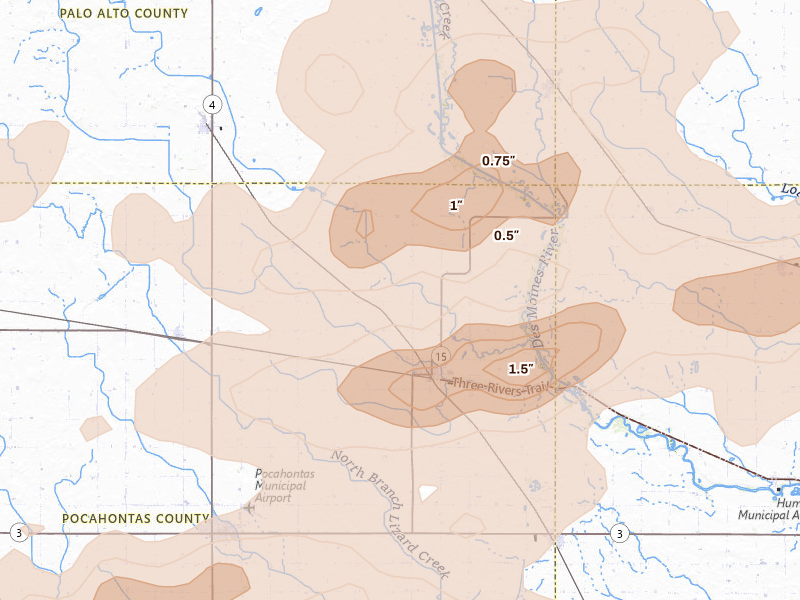Radar-estimated hail-size map of the storm over Rolfe, IA on Aug 8, 2026