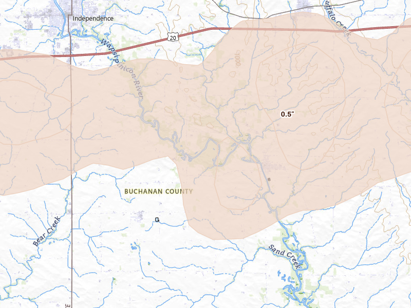 Radar-estimated hail-size map of the storm over Rowley, IA on Jul 2, 2026