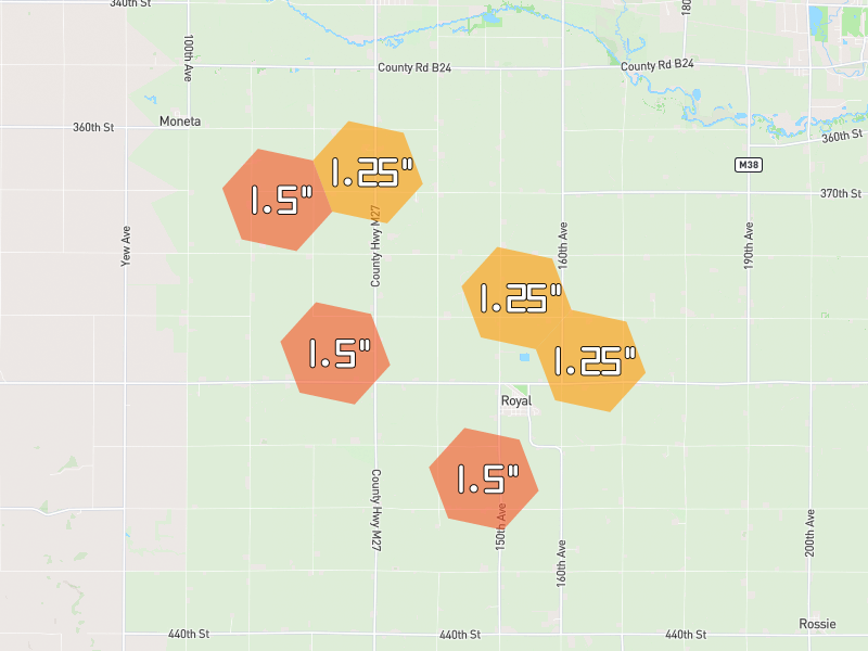 Hail map of Royal, IA on Jun 28, 2026, hail up to 1.5"