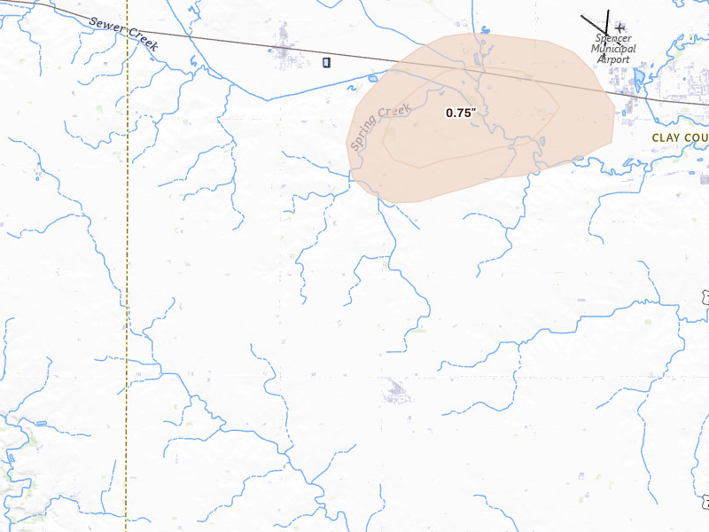 Radar-estimated hail-size map of the storm over Royal, IA on Jul 4, 2026