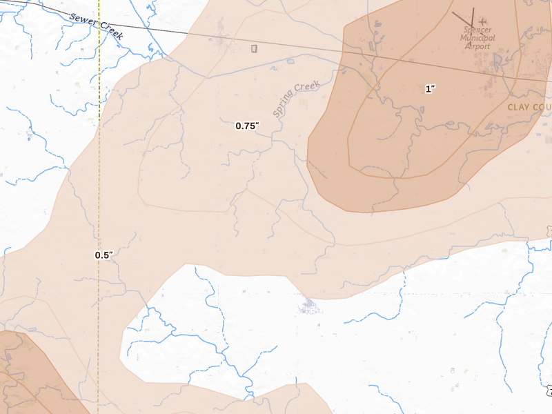 Radar-estimated hail-size map of the storm over Royal, IA on Aug 8, 2026