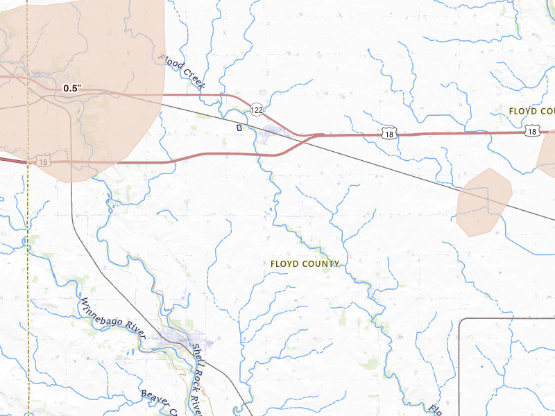 Radar-estimated hail-size map of the storm over Rudd, IA on Jun 28, 2026