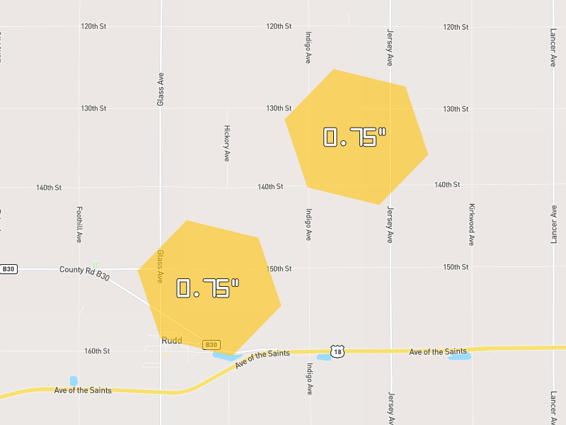 Hail map of Rudd, IA on Jun 28, 2026, hail up to 0.75"