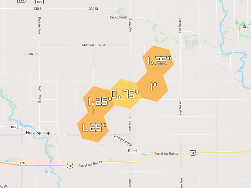 Hail map of Rudd, IA on Jul 2, 2026, hail up to 1.25"