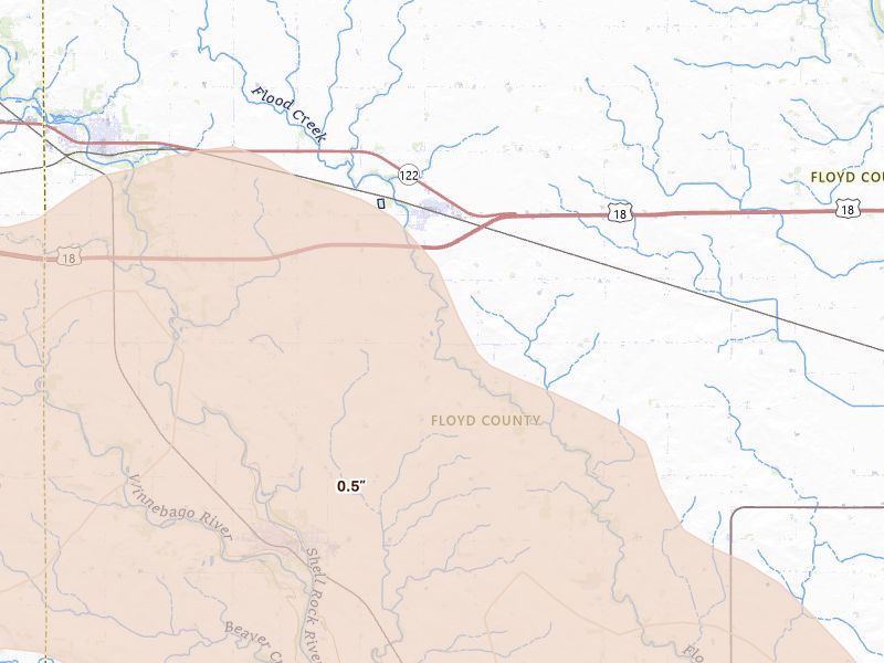 Radar-estimated hail-size map of the storm over Rudd, IA on Jul 8, 2026