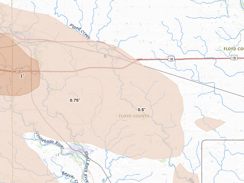 Radar-estimated hail-size map of the storm over Rudd, IA on Jul 20, 2026