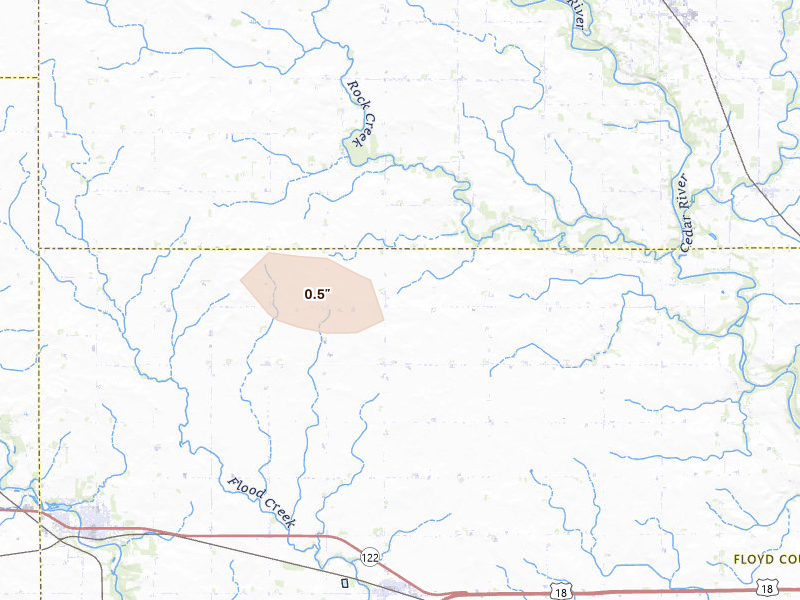 Radar-estimated hail-size map of the storm over Rudd, IA on Aug 20, 2026