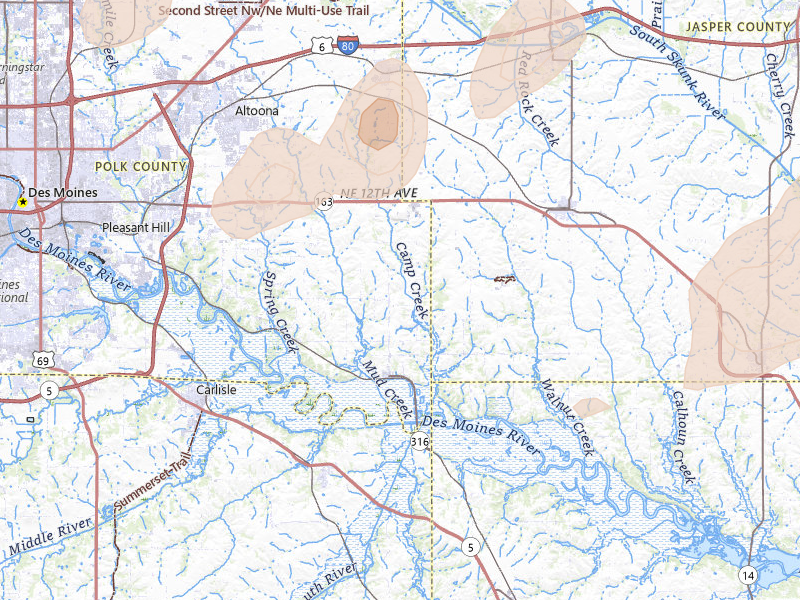Radar-estimated hail-size map of the storm over Runnells, IA on Apr 17, 2026
