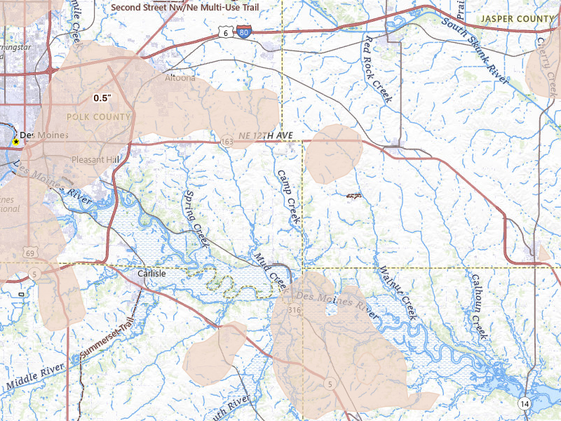 Radar-estimated hail-size map of the storm over Runnells, IA on Jun 10, 2026