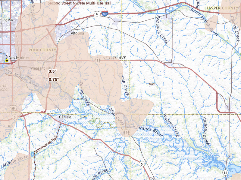 Radar-estimated hail-size map of the storm over Runnells, IA on Jul 3, 2026
