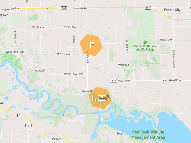 Hail map of Runnells, IA on Jul 4, 2026, hail up to 1.25"