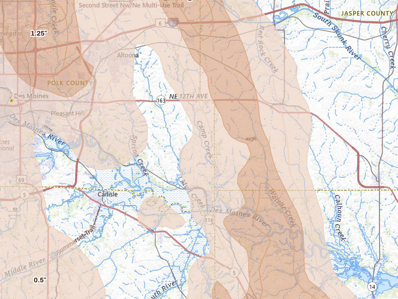 Radar-estimated hail-size map of the storm over Runnells, IA on Jul 20, 2026