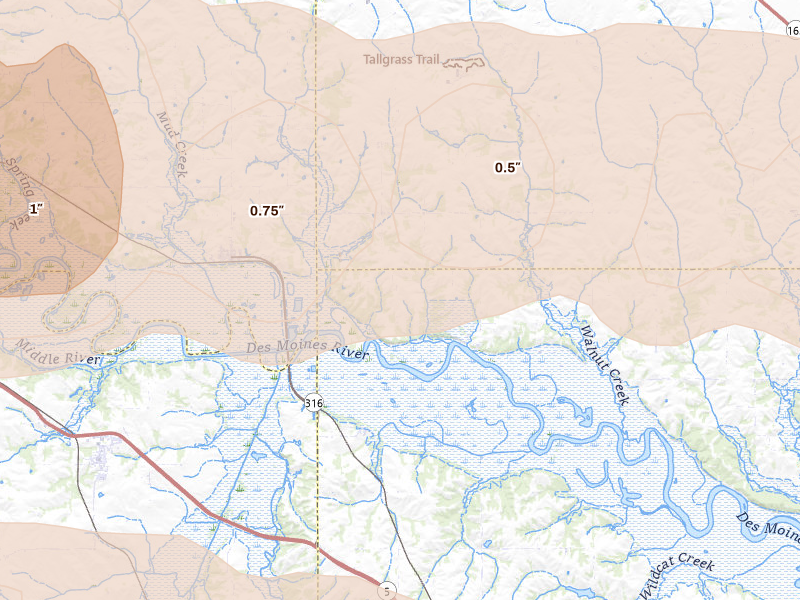 Radar-estimated hail-size map of the storm over Runnells, IA