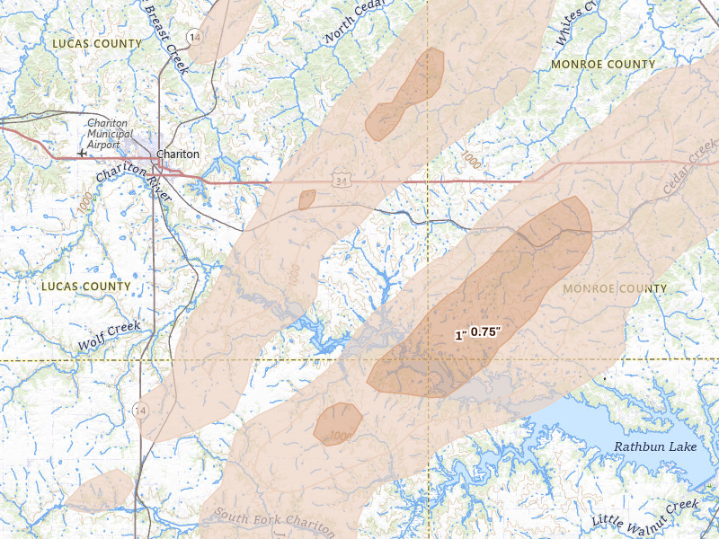 Radar-estimated hail-size map of the storm over Russell, IA on Apr 17, 2026