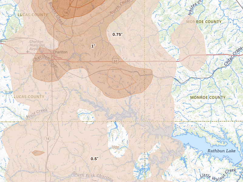 Radar-estimated hail-size map of the storm over Russell, IA on Jun 5, 2026