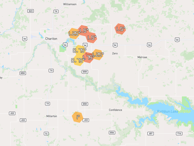 Hail map of Russell, IA on Jun 6, 2026, hail up to 1.75"