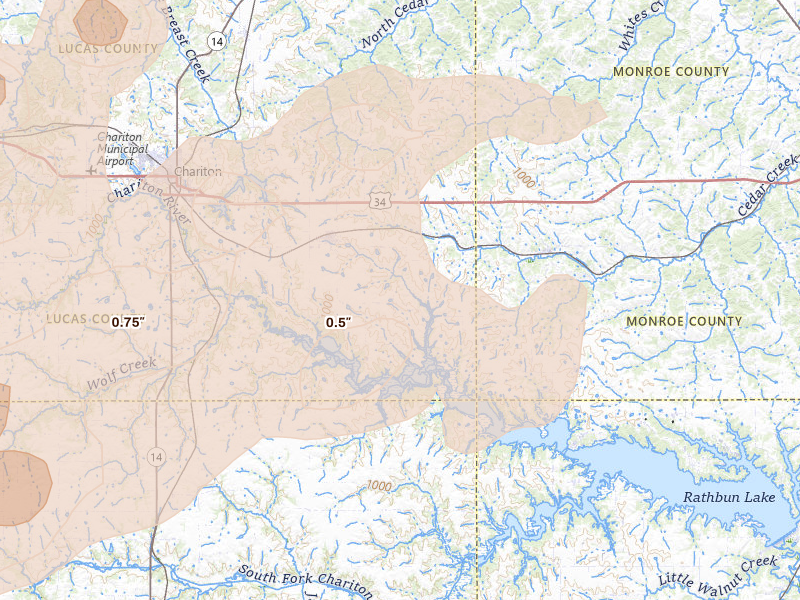 Radar-estimated hail-size map of the storm over Russell, IA on Jun 10, 2026