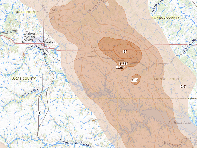 Radar-estimated hail-size map of the storm over Russell, IA on Jul 20, 2026