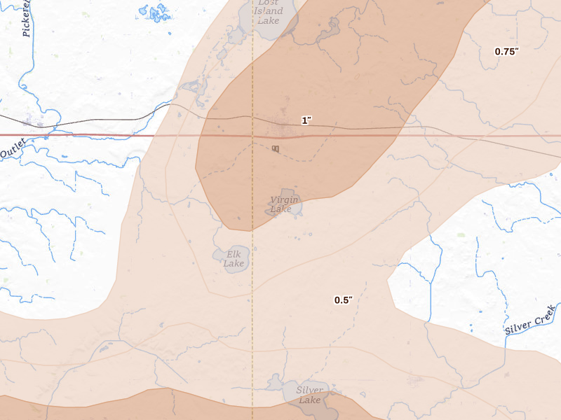Radar-estimated hail-size map of the storm over Ruthven, IA on Apr 13, 2026