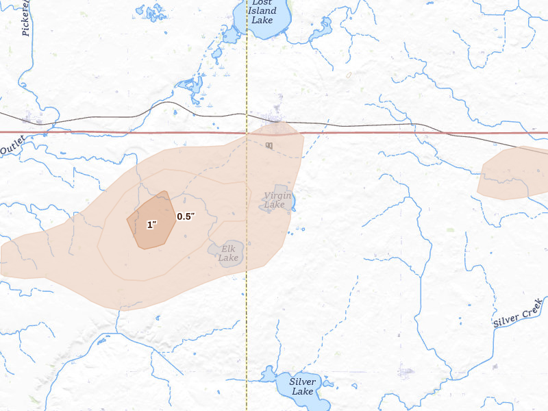 Radar-estimated hail-size map of the storm over Ruthven, IA on May 15, 2026