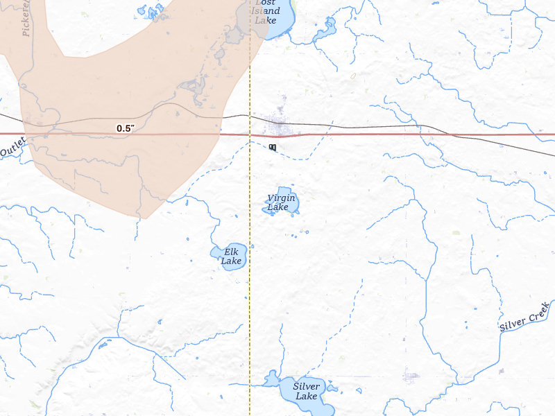 Radar-estimated hail-size map of the storm over Ruthven, IA on Jun 27, 2026