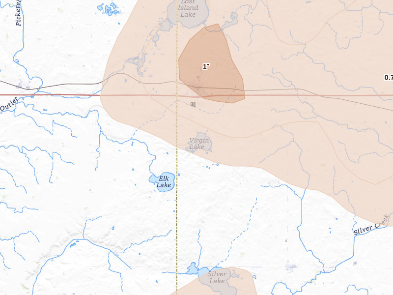 Radar-estimated hail-size map of the storm over Ruthven, IA on Jun 28, 2026