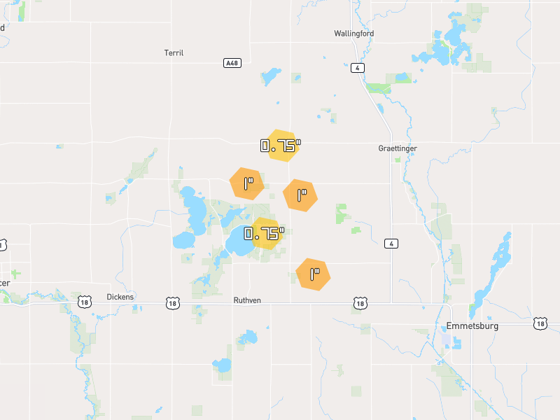 Hail map of Ruthven, IA on Jul 2, 2026, hail up to 1"