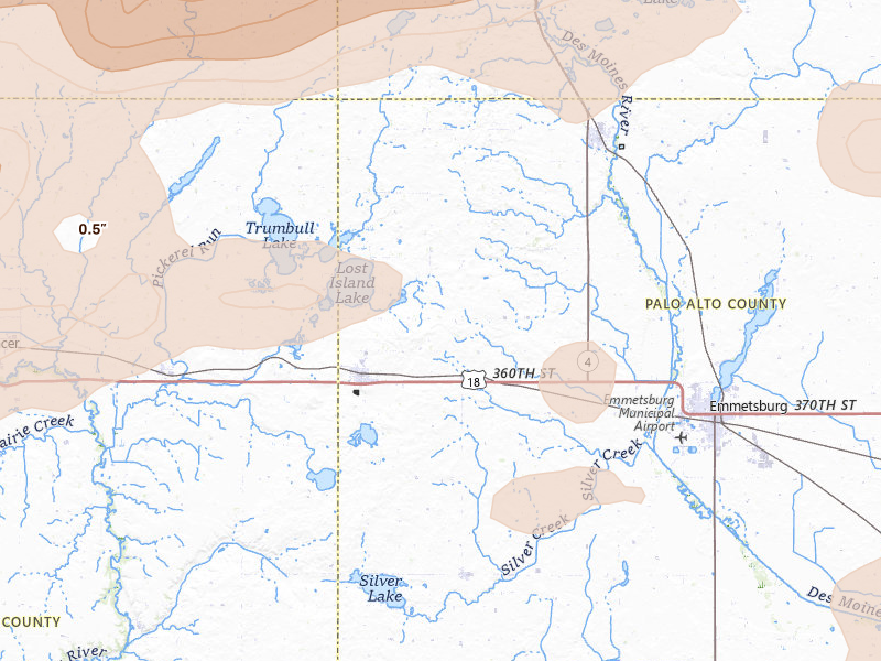 Radar-estimated hail-size map of the storm over Ruthven, IA on Aug 8, 2026