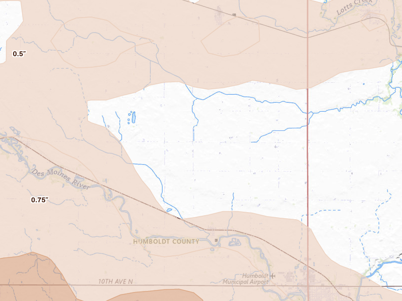 Radar-estimated hail-size map of the storm over Rutland, IA on May 15, 2026