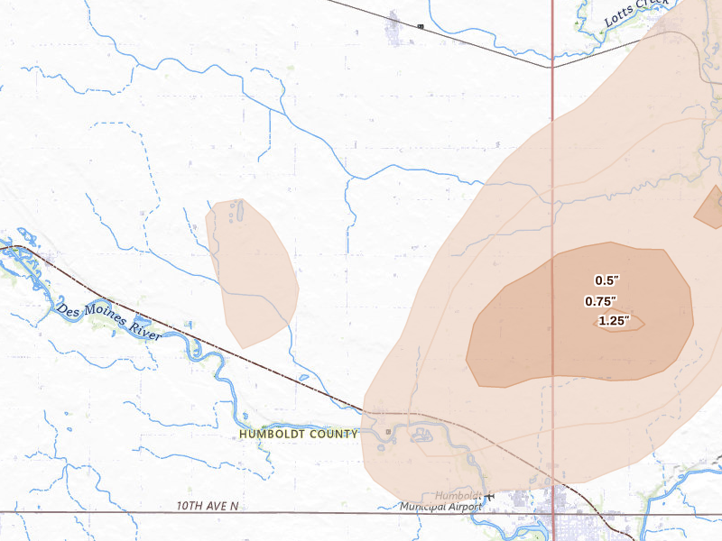 Radar-estimated hail-size map of the storm over Rutland, IA on Jul 2, 2026