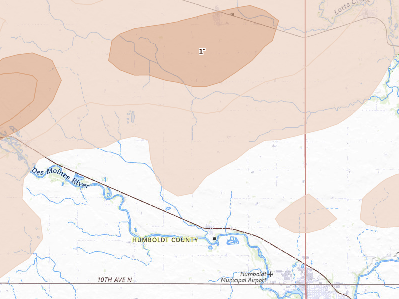 Radar-estimated hail-size map of the storm over Rutland, IA on Aug 8, 2026