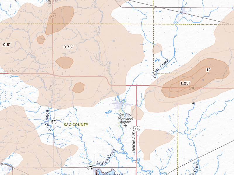 Radar-estimated hail-size map of the storm over Sac City, IA on May 15, 2026